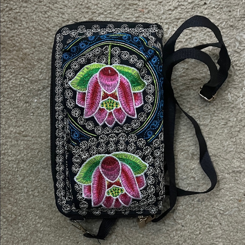 Embroidered Floral Black Crossbody Bag